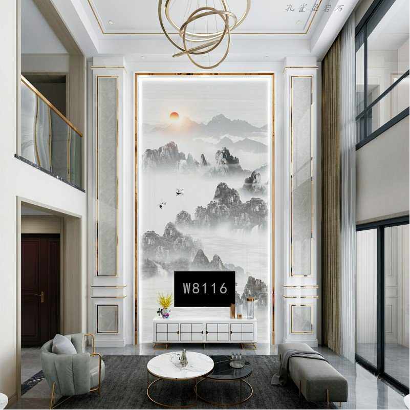 新中式复式楼电视背景墙现代岩板仿大理石瓷砖楼中楼别墅挑空客厅
