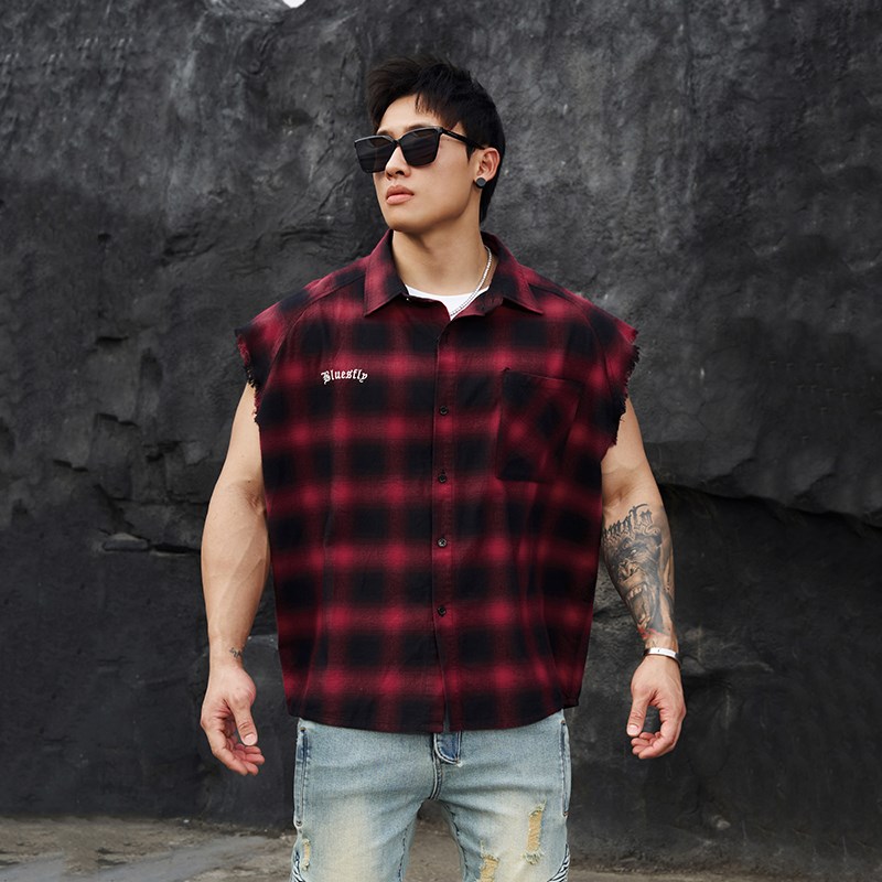 BLUESFLY 复古拼色短袖格子衬衫男夏季街头宽松bf风休闲上衣t恤