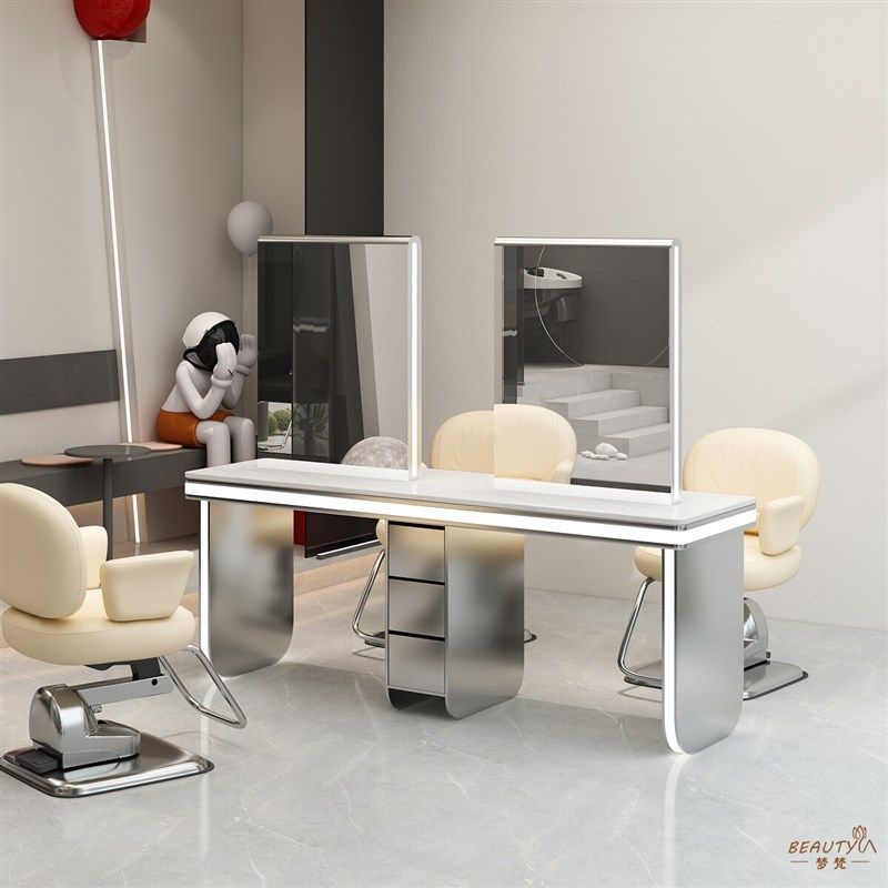 新款理发店镜台不锈钢大理石桌面美发店烫染镜台柜子一体发廊专用,商业/办公家具,理发镜台,淘宝优惠券,粉丝福利购,淘宝优惠卷