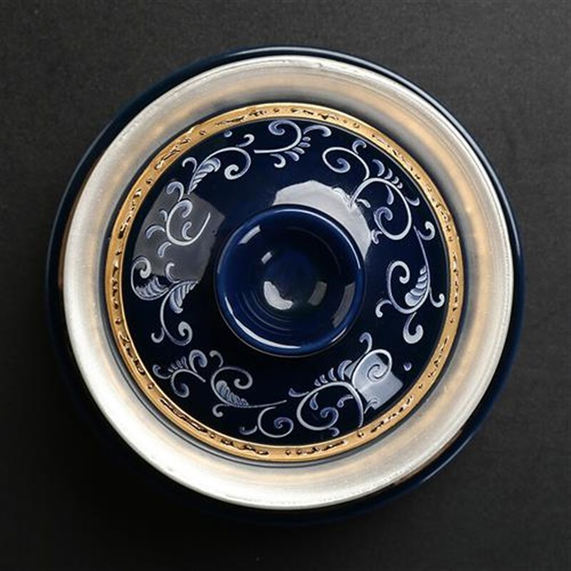 艾喜仕茶具 青花瓷银茶具999 加厚功夫盖碗鎏银茶杯碗茶具镶金陶