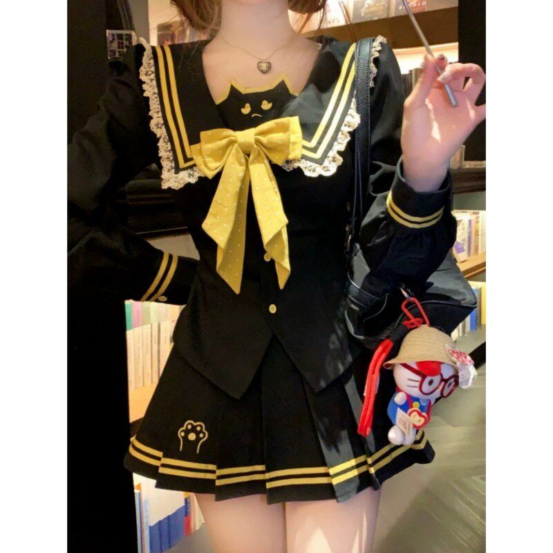韩系学院风制服iJK套装撞色拼接黑色海军领猫咪衬衣百褶裙两件套