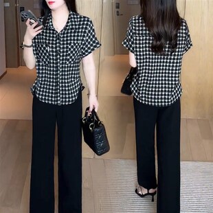 时尚洋派套装女2025夏季新款洋派显G瘦雪纺格子衬衫阔腿裤两件套