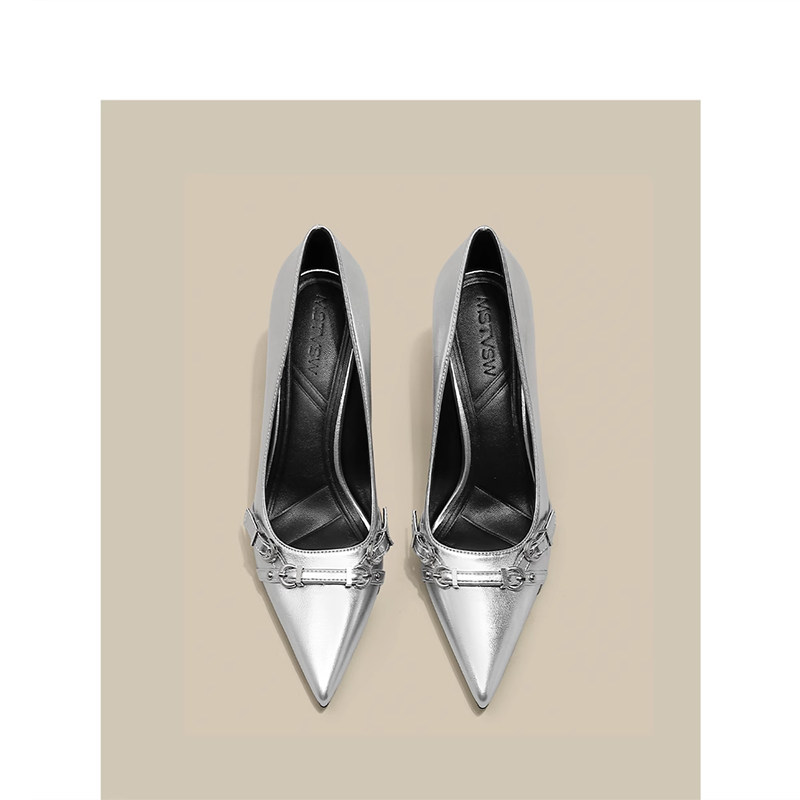 银色气质百搭尖头浅口高跟鞋u女2024秋冬新款设计感小众细跟单鞋