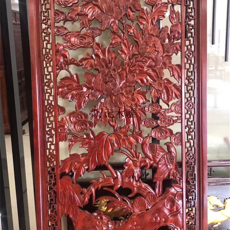 东阳木雕中式实木手工双面雕刻雕花板花开富贵牡丹鸟玄关隔断定制