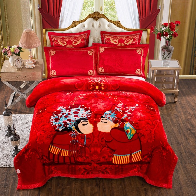 婚庆拉舍尔毛毯双层加厚云毯冬季大红色盖毯结婚毯子床上用品被子
