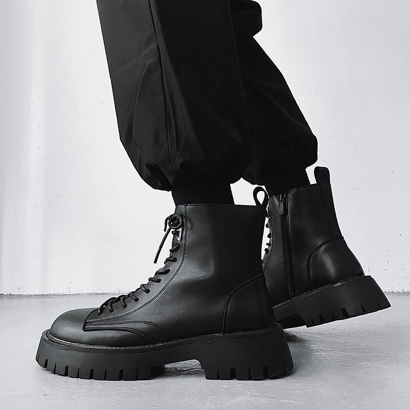 男靴内侧拉链款工装靴黑色厚底增高英伦风秋冬季马丁靴男潮流时尚