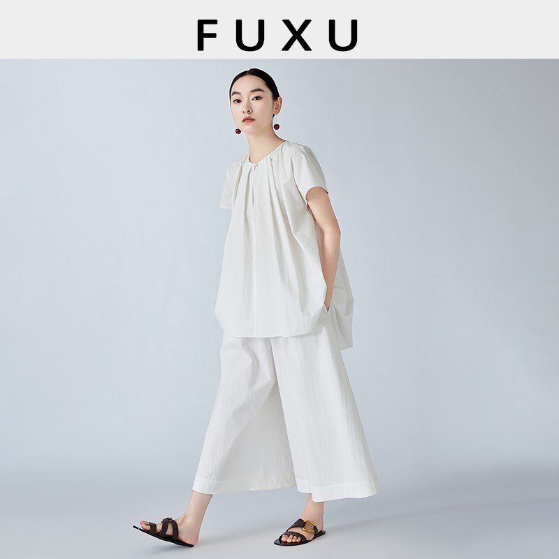 芙蕖FUXU 透气廓形空气棉经典褶皱设计慵懒M裙裤套装/衬衫/阔腿裤