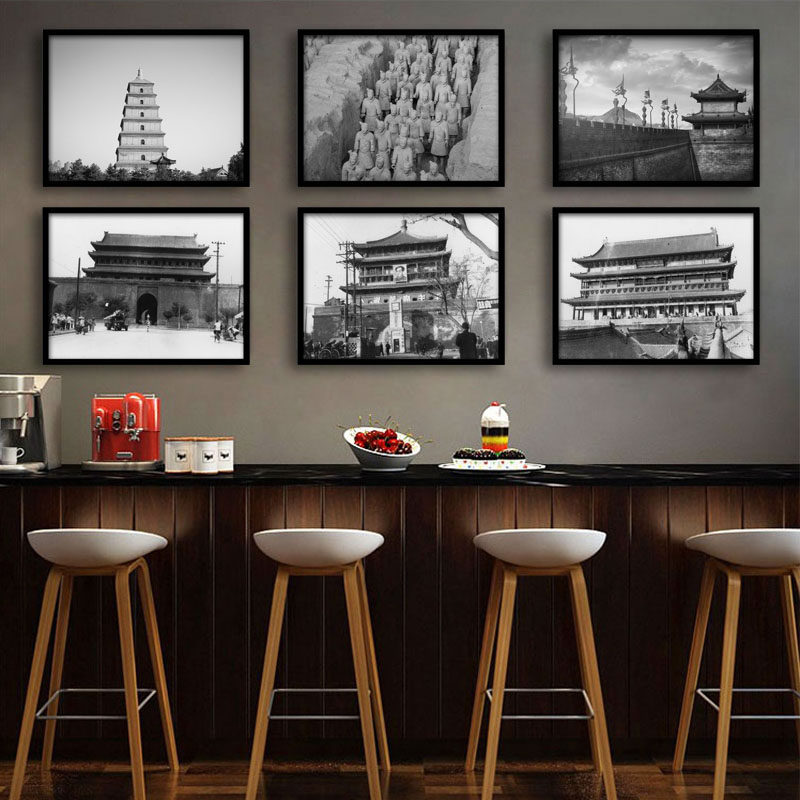 老西安景点照片餐厅酒店装饰画黑白陕西建筑有框画怀旧面馆挂画