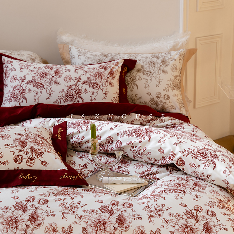 结婚庆大红色四件套婚床t上用品全棉法式刺绣婚嫁床单被套高