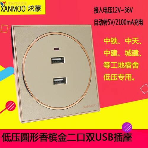 86香槟金船房车usb插座低压12Vy24VUSB插座36V二孔USB充电插座面