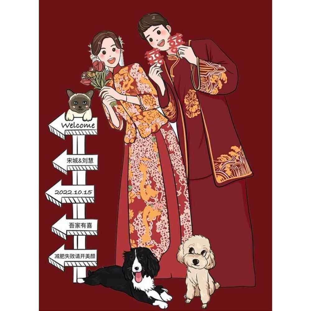 结婚宴酒店门口卡通人形立牌订婚迎宾牌路牌拍照道具kt板指示牌