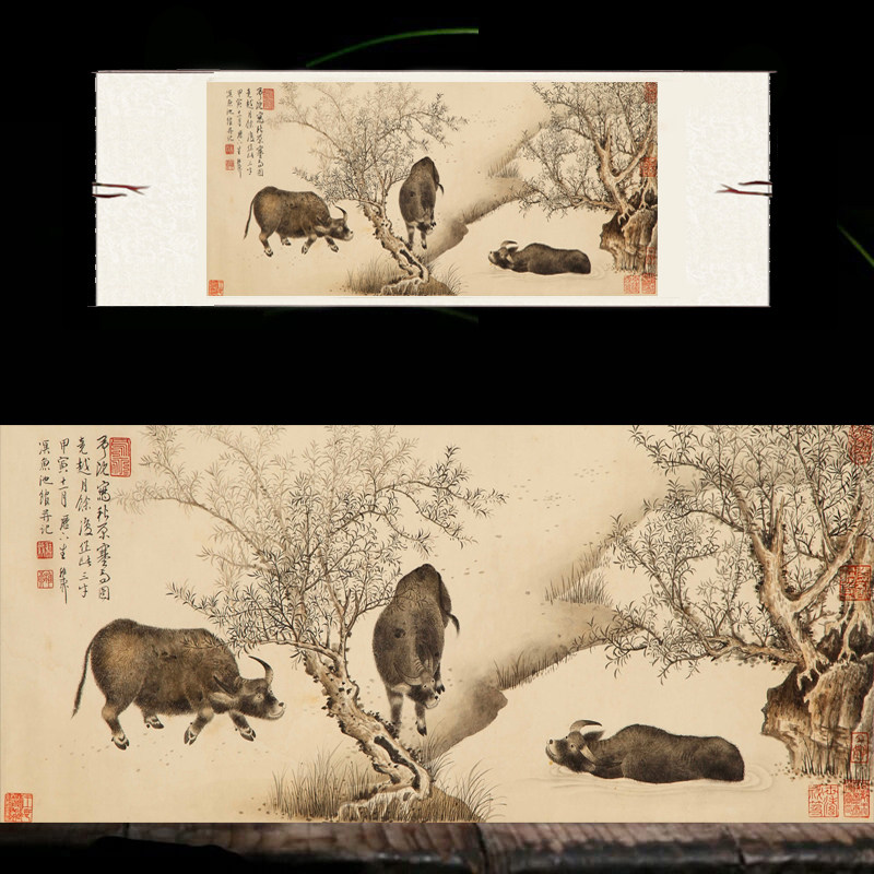 三牛图丝绸卷轴挂画客厅装饰画办公字画励志现代中U式壁画沙发绢