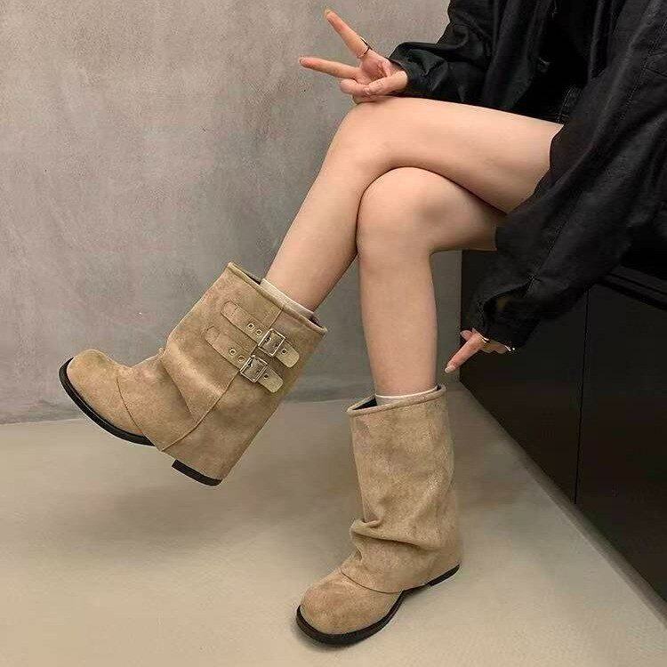 韩版皮带扣裤管靴短靴女2026秋季新款度假风百搭机车靴粗跟时装靴