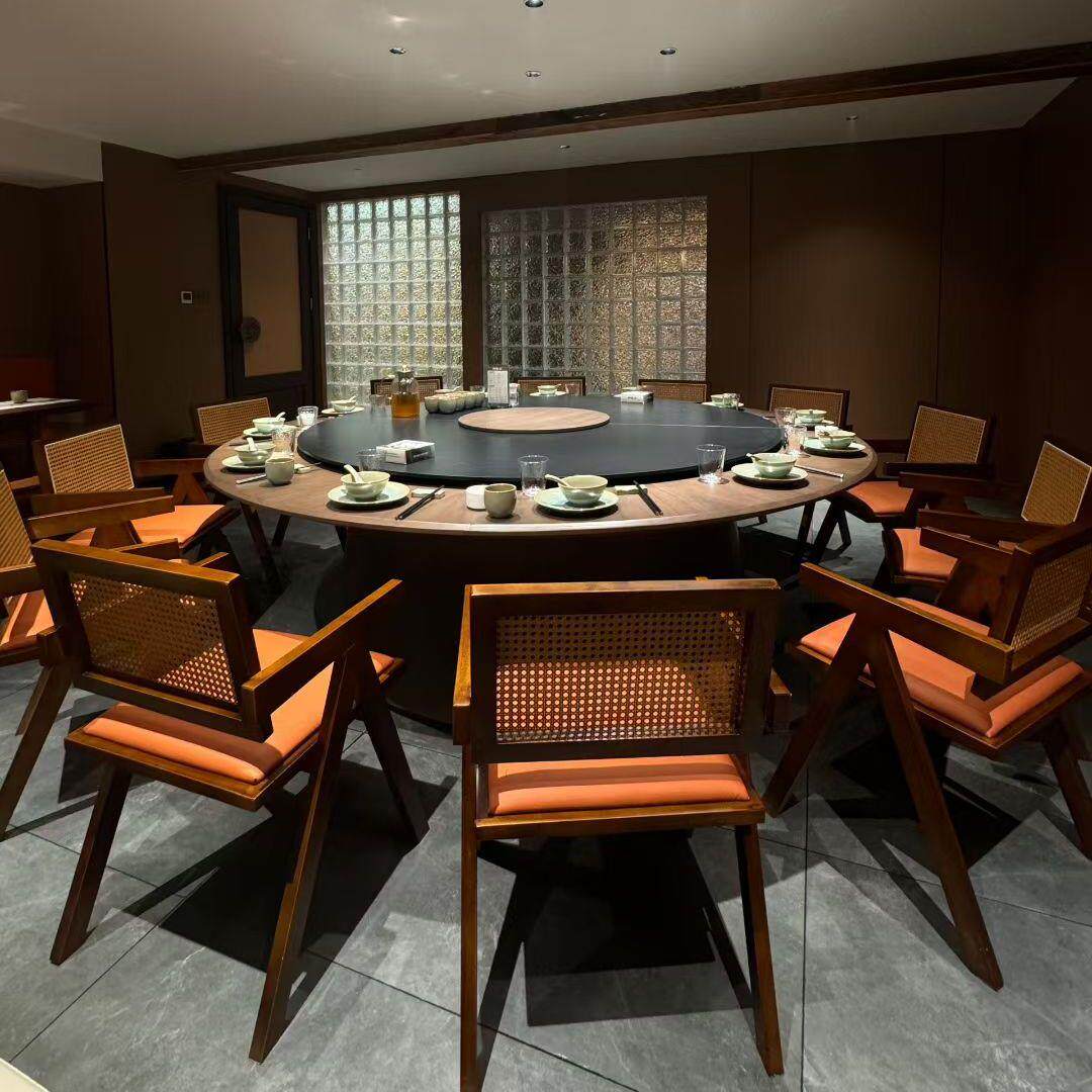 酒店餐桌大圆桌电动岩板转盘包厢会所高档饭店火锅圆形餐桌椅20人