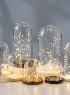 促销DIY永生花玻璃罩创意摆件居家装饰透明防尘 火树银花底座带灯