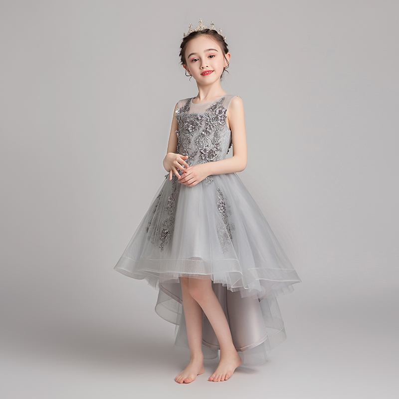 花童公主裙女童生日女孩走秀儿童主持人礼服钢琴演出服表演灰色夏
