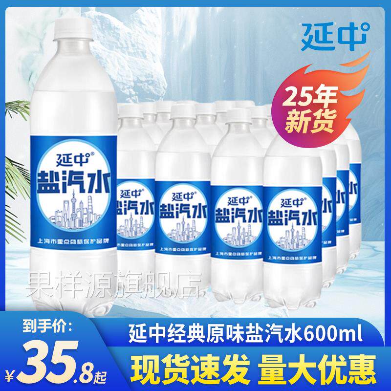 25年新货延中盐汽水600ml*20瓶整箱特价老上海含气盐汽水解渴饮料