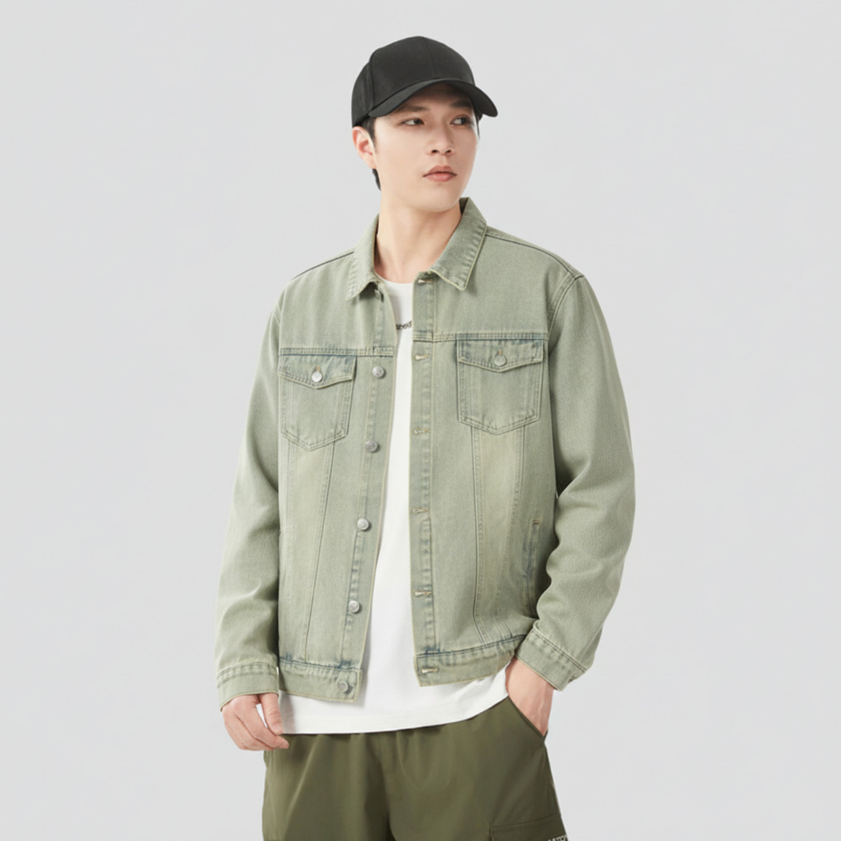 2025秋季男式牛仔外套潮牌水洗做旧宽松美式翻领夹克上衣