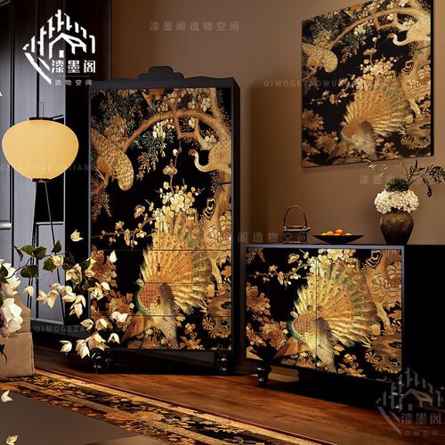 法式中古风黑金孔雀衣柜客厅实木储物柜立柜玄Q关多功能收纳置物