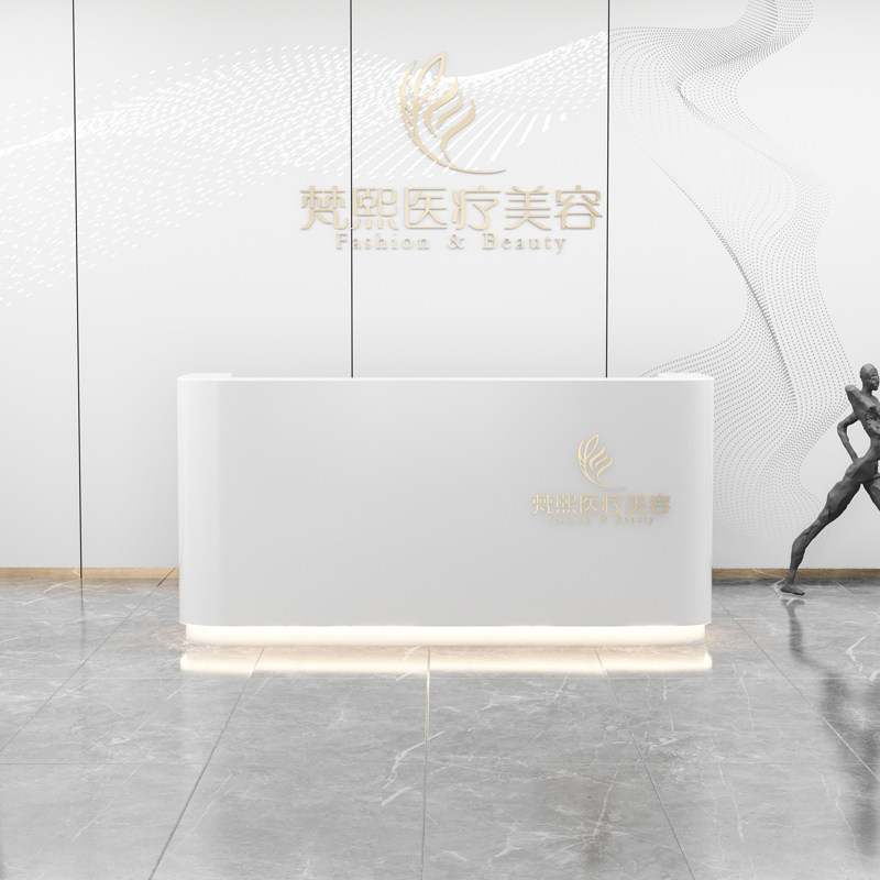 烤漆白色服c装店前台接待台美容院弧形吧台简约现代带灯收银台柜