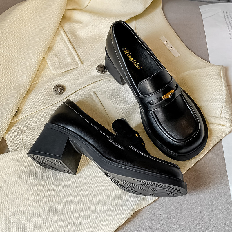 高跟粗跟英伦风小皮鞋女2024年新款春秋乐福鞋一脚蹬大码鞋41-43,女鞋,乐福鞋（豆豆鞋）,淘宝优惠券,粉丝福利购,淘宝优惠卷