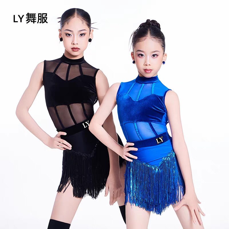 LY舞服幼儿拉丁舞春夏网纱拼接丝绒流苏亮片跳舞练习服恰恰表演