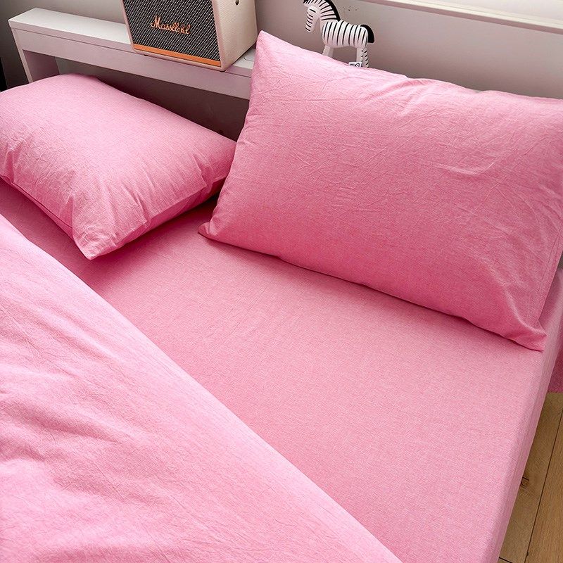 水洗棉玫红四件套被套床单床上用品学生宿舍单人三件套全棉四季用
