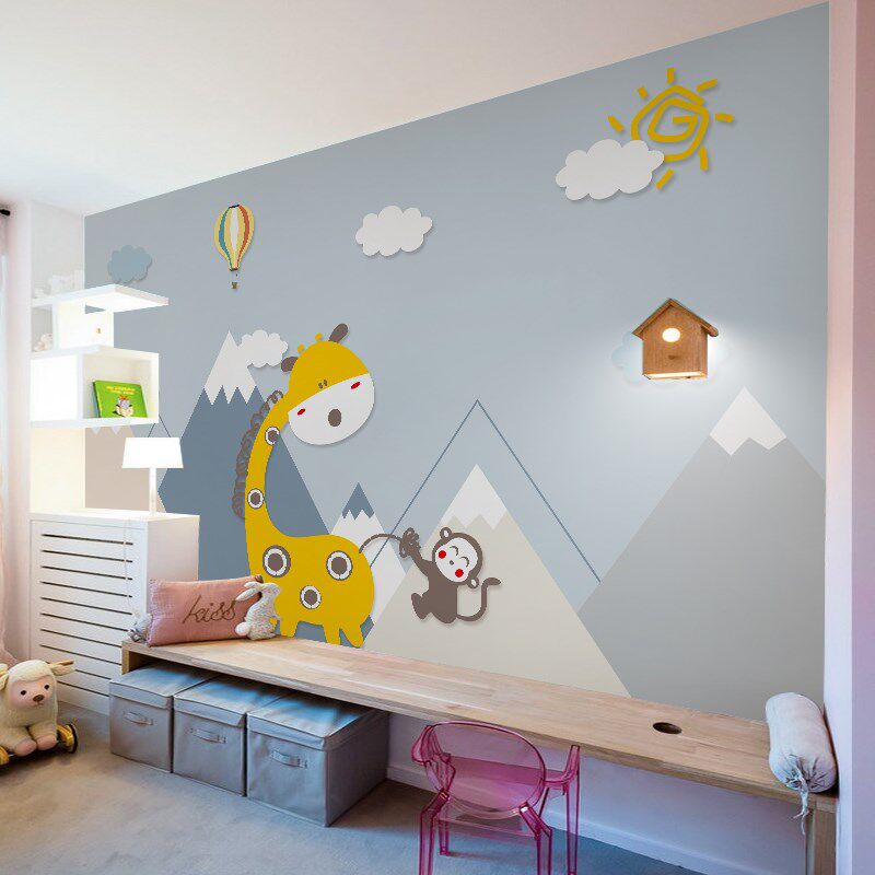 卡通动物儿童房壁纸女孩男孩卧室背景墙幼儿园墙布游乐园墙纸环保