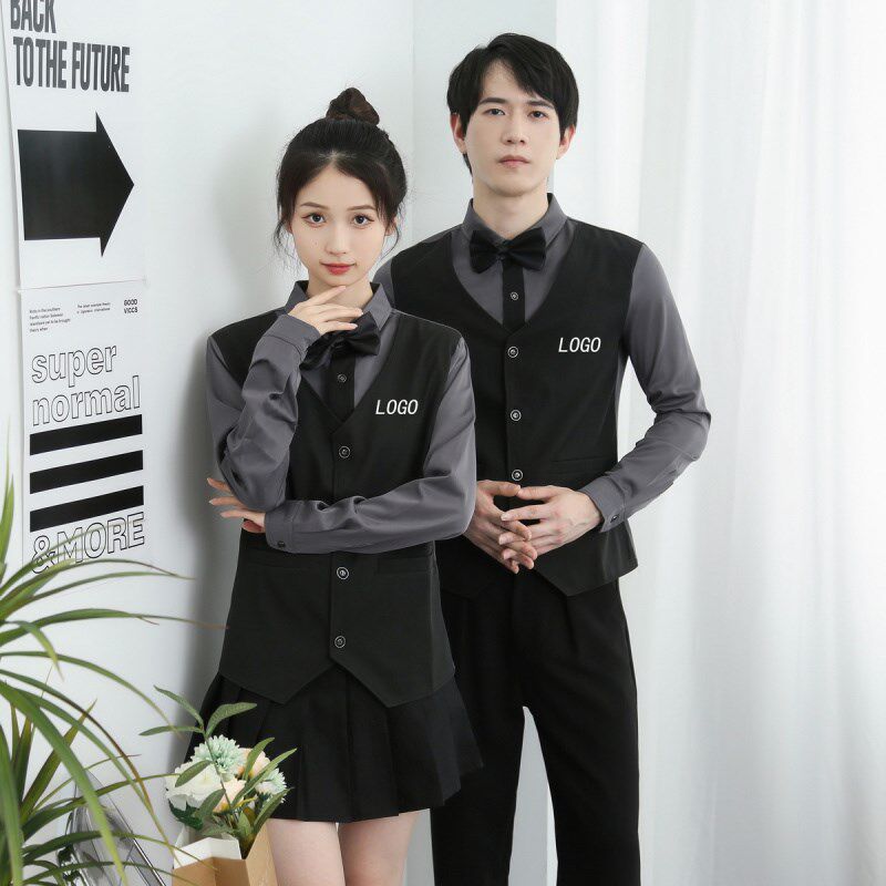 新品定制衬衫印logo图案假两件衬衣工装酒吧西餐厅咖啡馆奶茶制服