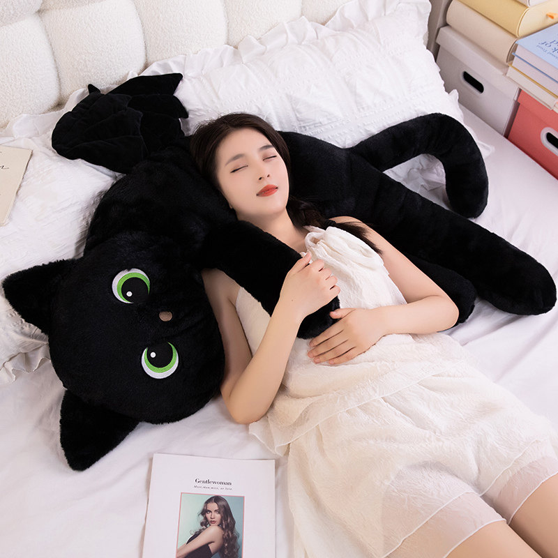 可爱黑色猫咪玩偶毛绒玩具睡觉抱枕床上夹腿O长条枕陪睡布娃娃公