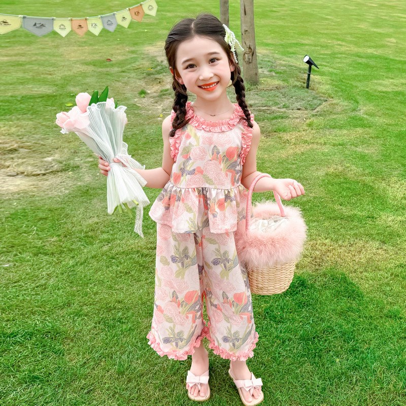 女宝宝夏装木耳边碎花套装小女孩背D心阔腿裤洋气宽松韩版两件套