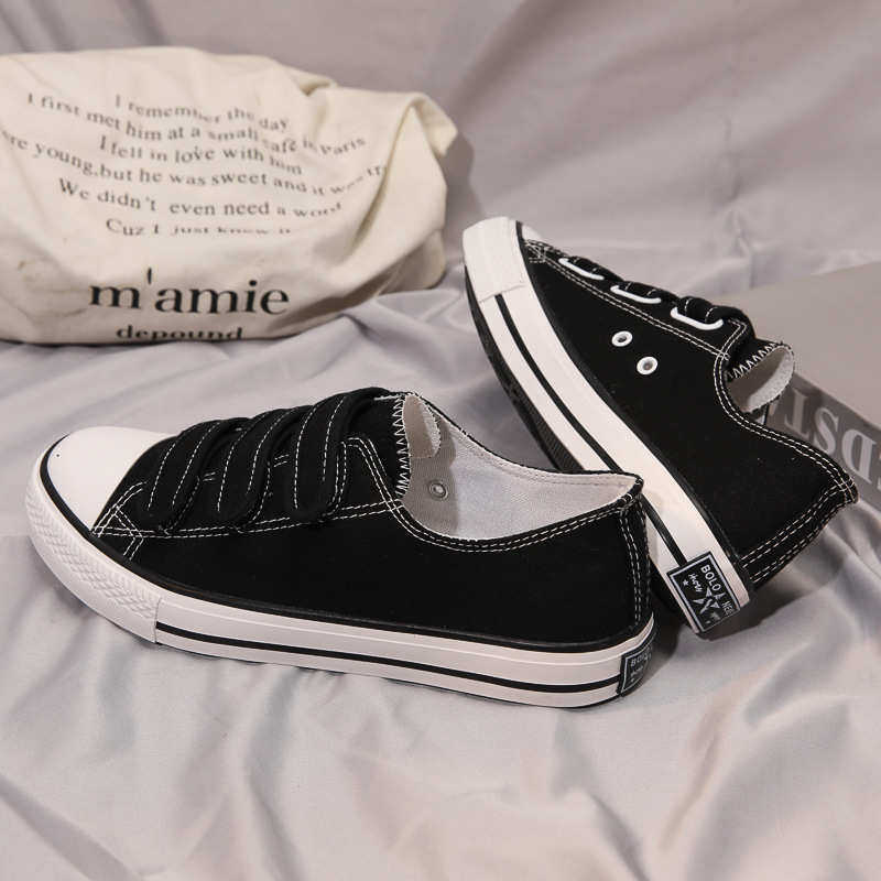 春秋季一脚蹬小白鞋男款经典粘扣魔术贴白色帆布鞋布鞋球鞋女板