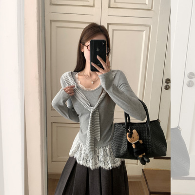 蕾丝边圆领系带抽褶下摆