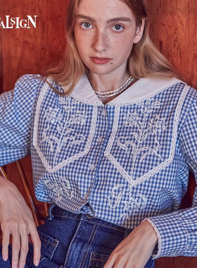 VitalSign格纹水手领学院风减龄格子清新可爱甜美刺绣长袖衬衫女