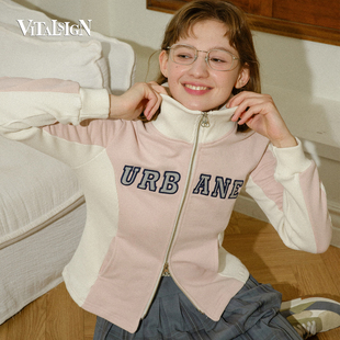 VitalSign新款休闲立领百搭复古立体字母拉链撞色开衫女外套少女
