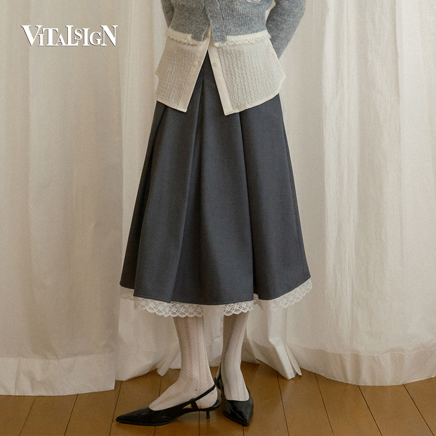 VitalSign蕾丝拼接学院风长裙女