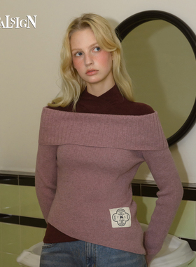 VITALSIGN一字肩不对称针织衫女韩国设计师小众显瘦修身长袖毛衣