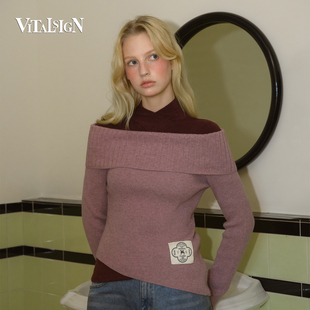 VITALSIGN一字肩不对称针织衫女韩国设计师小众显瘦修身长袖毛衣