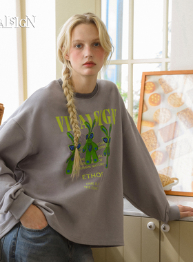 VitalSign韩式休闲风卡通可爱兔子印花卫衣女款宽松长袖圆领上衣