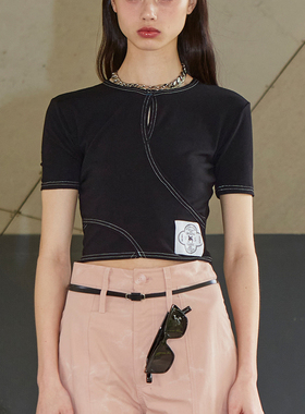 VitalSign开衩缝线短款T恤法式复古纯色短袖上衣高设计感