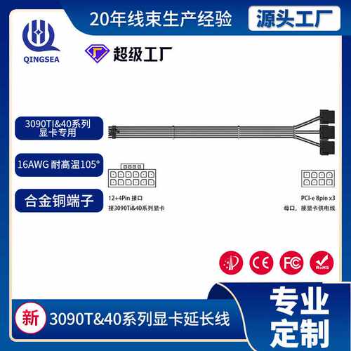黑神话悟空连接一拖三显卡延长线用于3090Ti&40系列显卡电脑线材