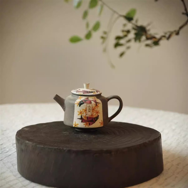 创意手工复古粗陶二才盖碗手绘国潮风粉引单个不烫手泡茶茶具盖碗