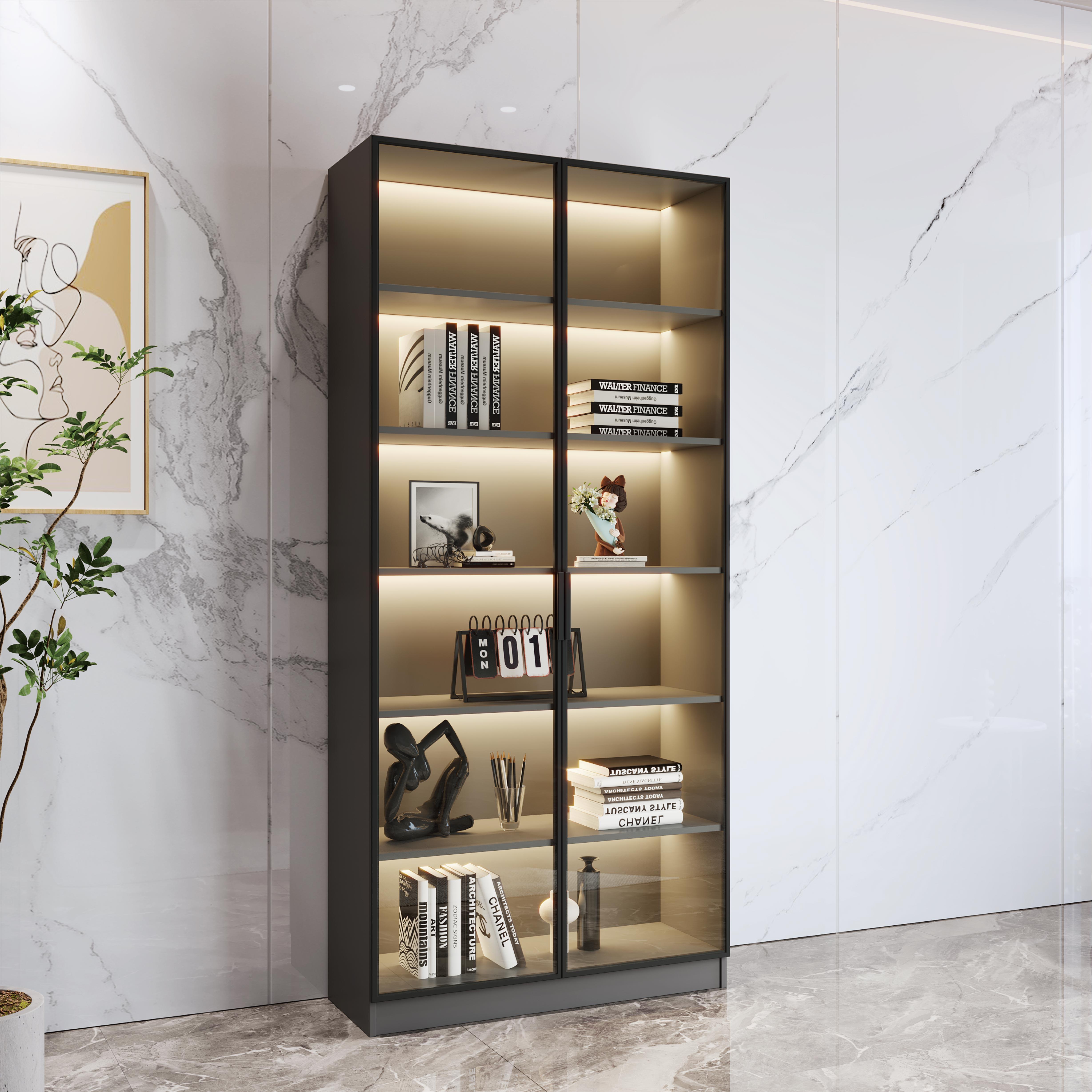 书柜带玻璃门置物柜展示柜家用客厅立柜收纳柜现代书架收纳柜定制