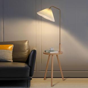 客厅茶几落地灯 原木风设计感卧室床头柜置物架一体 实木立式台灯