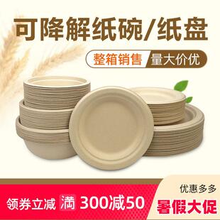 加厚纸碗纸盘一次性整箱可降解本色环保餐具圆形商用烧烤餐盘碟子