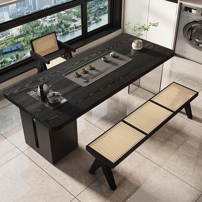 阳台小茶桌烧水壶一体嵌入式实木茶几客厅家用侘寂风黑色茶台茶桌