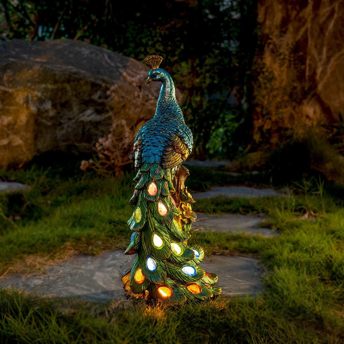 孔雀太阳能小夜灯户外园林别墅装饰摆件树脂工艺品杂货阳台布置