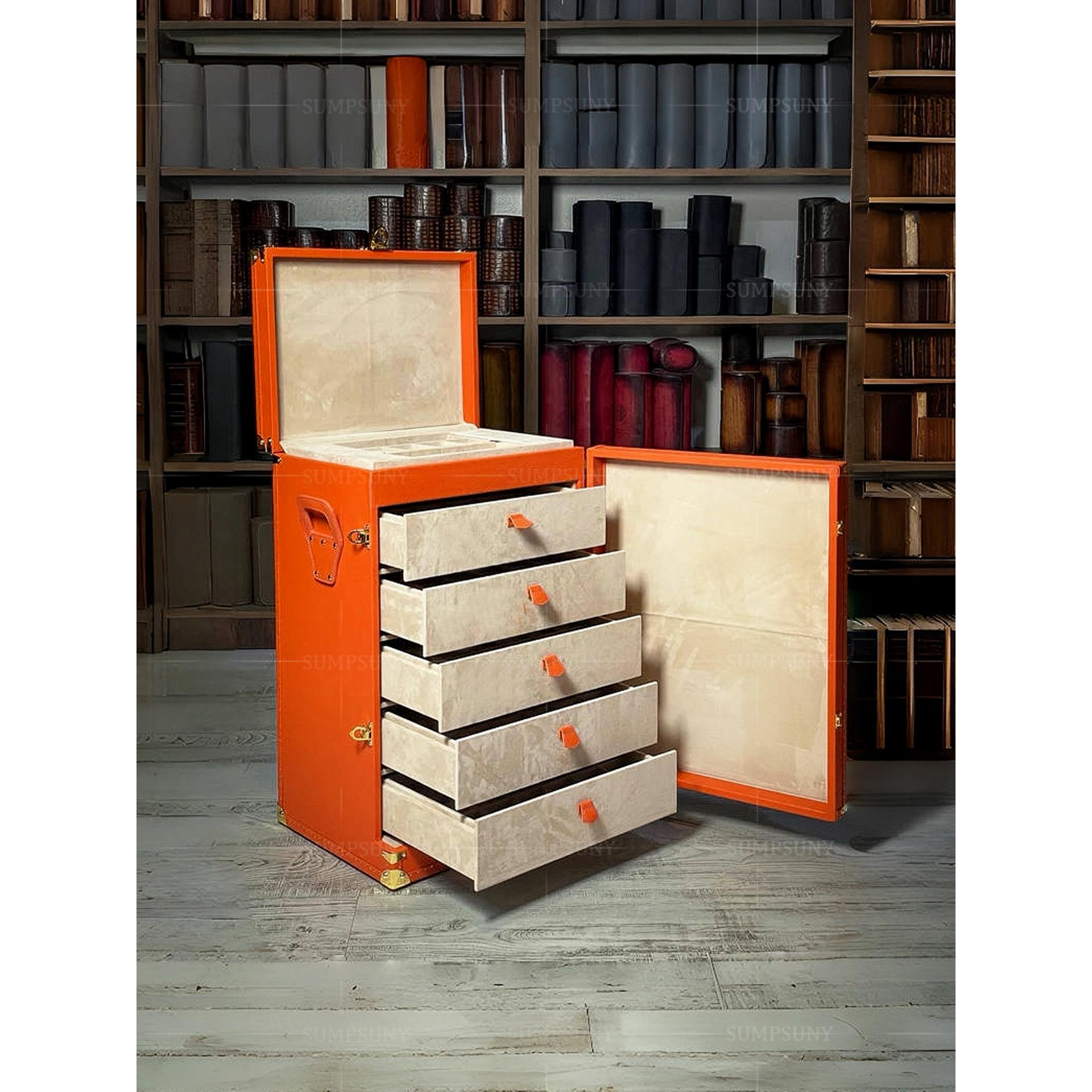 意式轻奢落地首饰柜实木家用别墅现代设计高端橙色皮革手表收纳柜