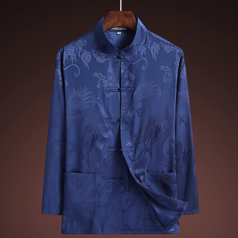 春夏中老年人唐装男长袖上衣立领爸爸装中国风中式大码衬衫秋外套