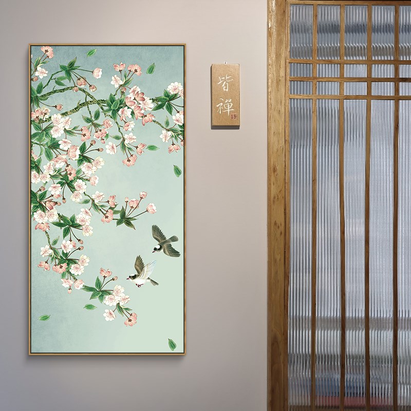 网红新中式玄关装饰画竖款花鸟工笔挂画中国风壁画客厅走廊楼梯墙图片